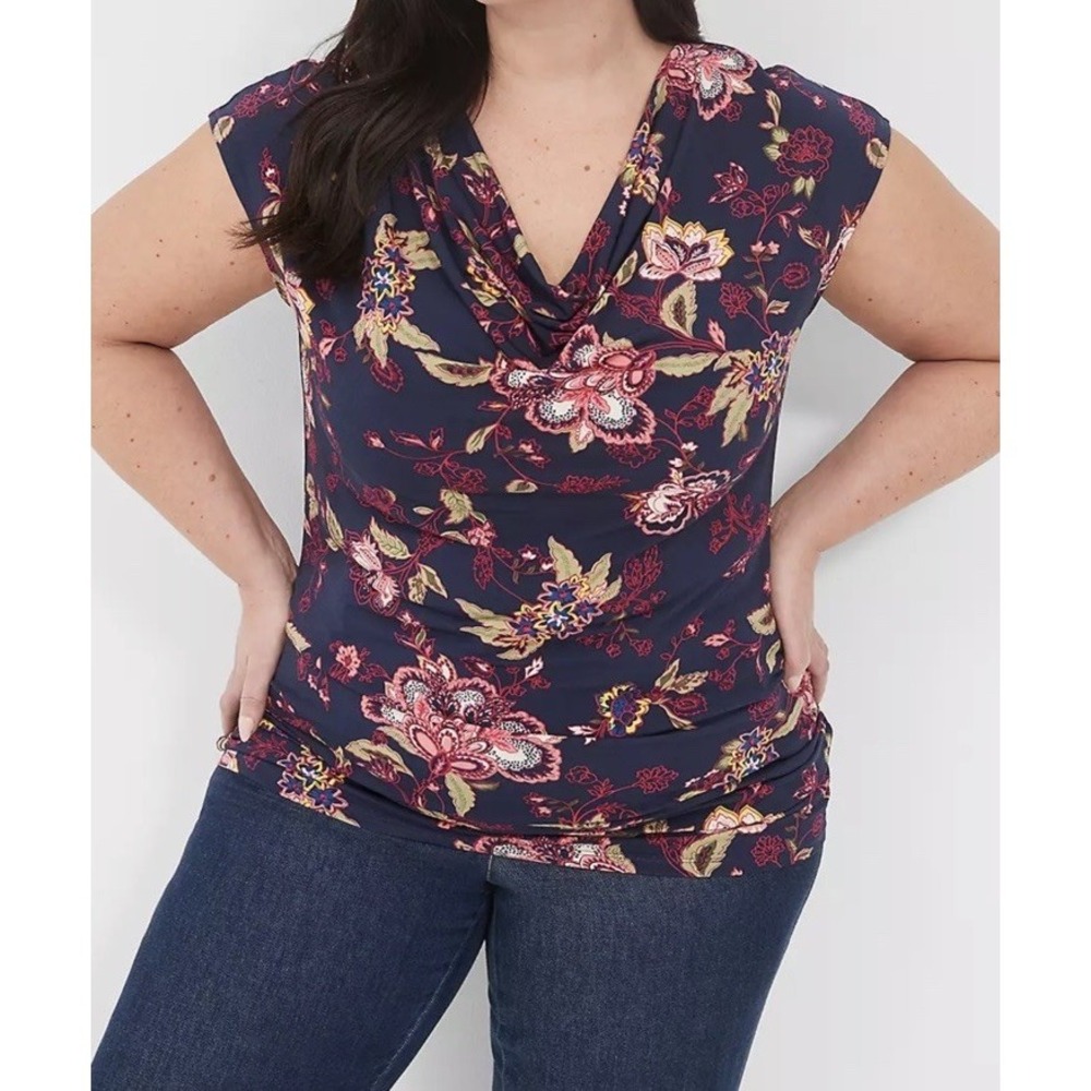 Lane Bryant Womens Shirred Side Navy Floral Cowl Neck Top‎ Lightweight 14/16 NWT